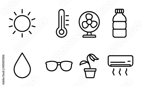 Heatwave Icon Set. Outline icon set of heatwaves: blazing sun, thermometer, fan, water bottle, air conditioner