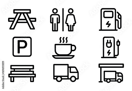 Motorway Rest Area Icons. Outline icon set of motorway rest areas: picnic table, restroom, fuel pump, parking
