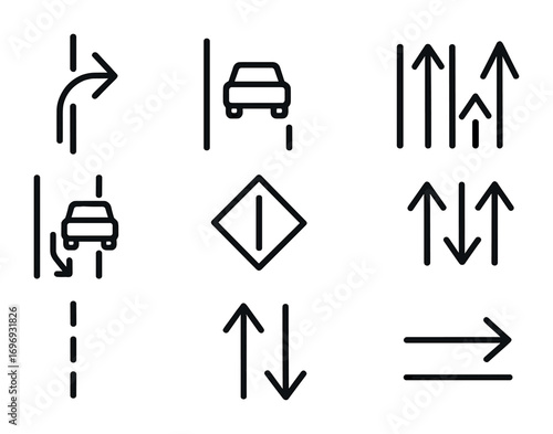 Traffic Icon Set. Outline icon set of lane discipline: overtaking arrow, slow lane car, fast lane car, merging