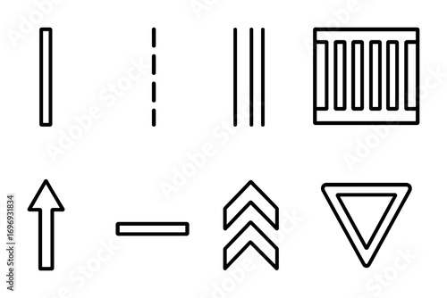 Lane Markings Icons. Outline icon set of lane markings: solid line, dashed line, double line, zebra crossing,