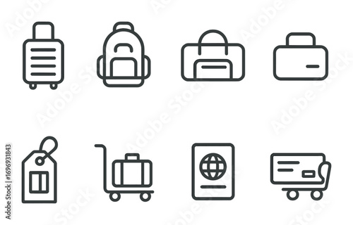Luggage Icon Set. Outline icon set of traveling with luggage: rolling suitcase, backpack, duffel bag, carry-on
