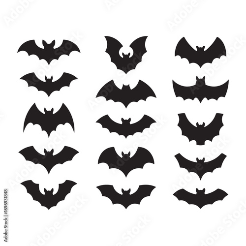Black Bat Silhouettes on White Spooky Row for Halloween Decoration and Design