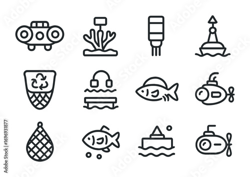 Ocean Protection Icons. Outline icon set of ocean protection tech: underwater drone, coral reef monitor, water