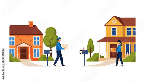 Delivering Parcels: A delivery person carries parcels and mail in a neighborhood setting, showing the concept of home delivery and postal service.