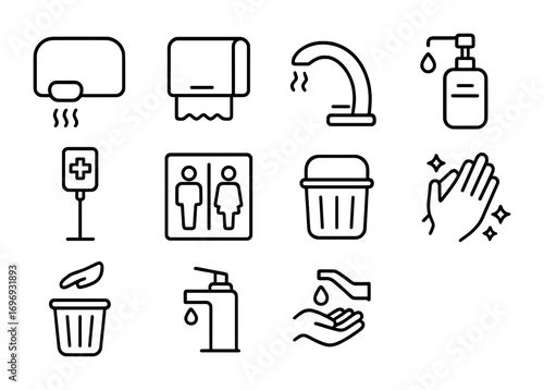 Restroom Hygiene Icons. Outline icon set of public restroom hygiene: hand dryer, paper towel dispenser,