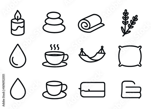 Relaxation Icon Set. Outline icon set of relaxation themes: candle, spa stones, rolled towel, lavender sprig,
