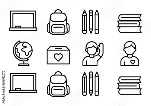 School Charity Icons. Outline icon set of school charity projects: chalkboard, backpack, pencils, books, globe