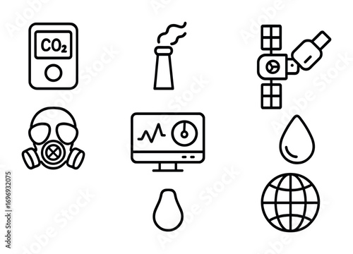Emissions Monitoring Icons. Outline icon set of emissions monitoring: CO₂ meter, smokestack, air quality