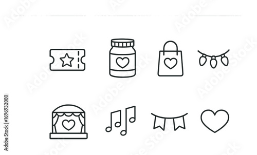 Festive Fundraiser Icons. Outline icon set of festive fundraisers: raffle ticket, donation jar, gift bag,