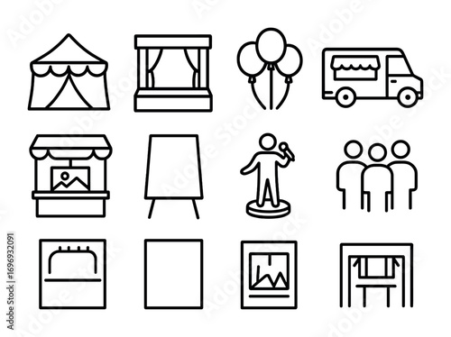 Festival Icon Set. Outline icon set of festivals and art fairs: tent, stage, balloons, food truck, art booth,