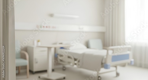 Blurred view of a hospital room featuring an adjustable bed, bedside table with medication, and a chair, bathed in soft, natural light.