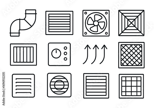 Ventilation Icon Set. Outline icon set of ventilation equipment: duct system, vent cover, exhaust fan, ceiling