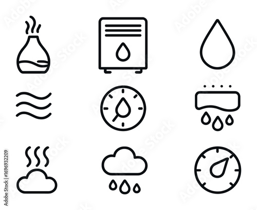 Humidity Control Icons. Outline icon set of humidity control: humidifier, dehumidifier, water droplet,