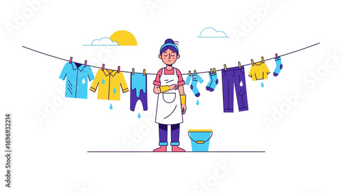Laundry Day Serenity: A cartoon character depicts a woman with clean clothes hanging on a clothesline on a sunny day. Capturing the daily routine and domestic bliss, ideal for illustrating chores.