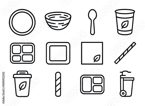 Biodegradable Dining Icons. Outline icon set of biodegradable dining: paper plate, palm leaf bowl, cornstarch