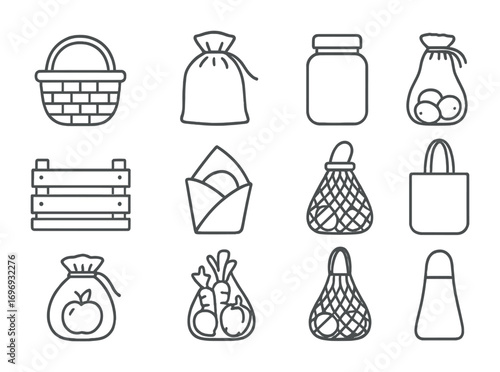 Zero-Waste Icon Set. Outline icon set of farmers market zero-waste: wicker basket, cloth produce bag, refill