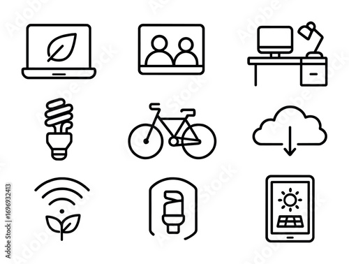 Sustainable Remote Work Icons. Outline icon set of remote work sustainability: laptop with leaf, video call