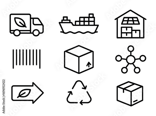 Eco Supply Chain Icons. Outline icon set of eco-friendly supply chains: delivery truck with leaf, cargo ship,