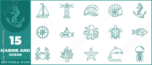 Marine and Sea Life line icon set. Vector pictograms of ocean, fish, underwater animals, sailing, nautical, and maritime thin linear illustration.