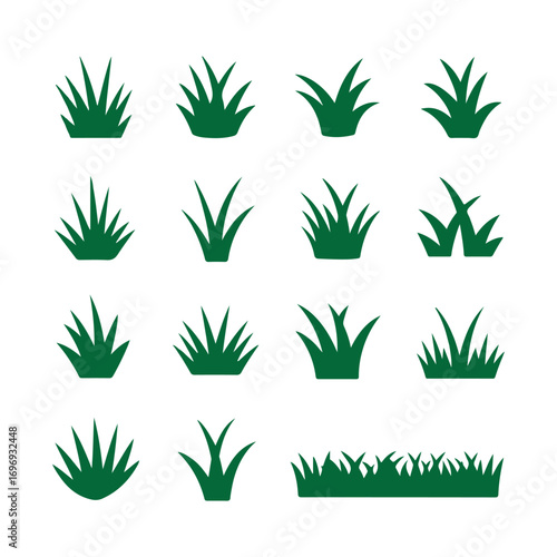Collection of Green Grass Illustrations Showing Various Shapes and Styles for Design Purposes