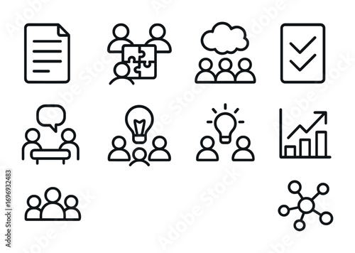 Collaborative Learning Icons. Outline icon set of collaborative learning: shared document, team puzzle pieces,