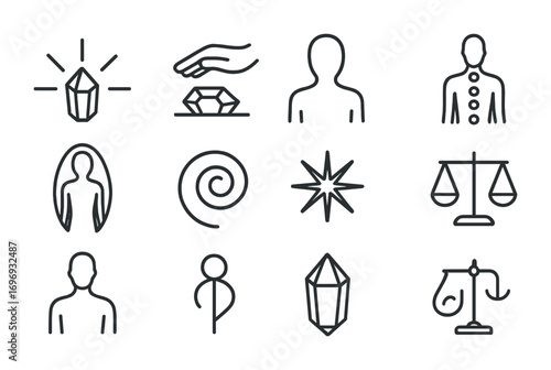 Crystal Healing Icons. Outline icon set of crystal energy healing: energy rays, hand over stone, body outline,