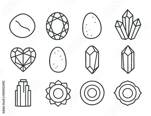 Chakra Crystals Icon Set. Outline icon set of chakra crystals: root chakra stone, sacral chakra gem, solar