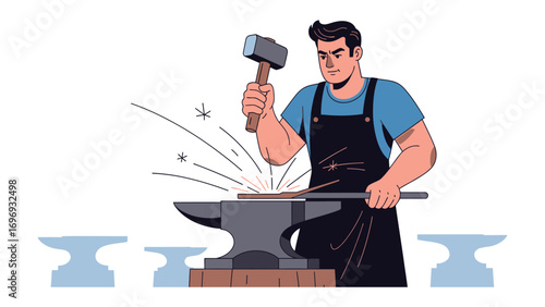 Artisan's Forge: A skilled artisan, clad in an apron, masterfully wields a hammer upon an anvil, sparks igniting with each precise strike, representing craftsmanship and expertise.