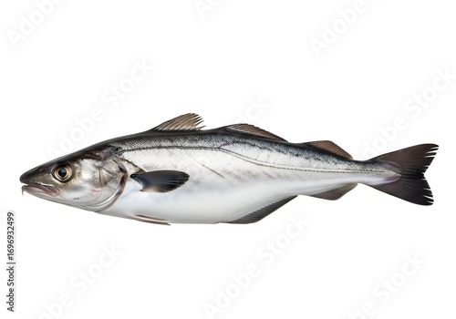 A single pollock fish displayed on a white background showing its silver scales and dark fins clearly