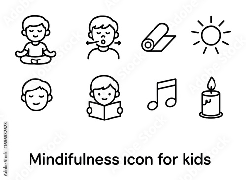 Kids Mindfulness Icons. Outline icon set of mindfulness for kids: meditation pose, breathing exercise, yoga