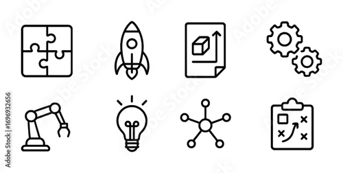 Collaborative Innovation Icons. Outline icon set of collaborative innovation: puzzle pieces, rocket, prototype