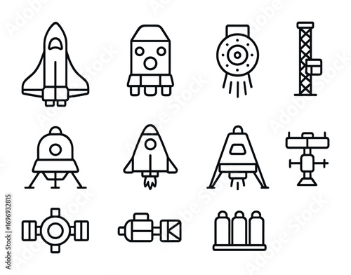 Interplanetary Transport Icons. Outline icon set of Interplanetary transport: space shuttle, cargo capsule,