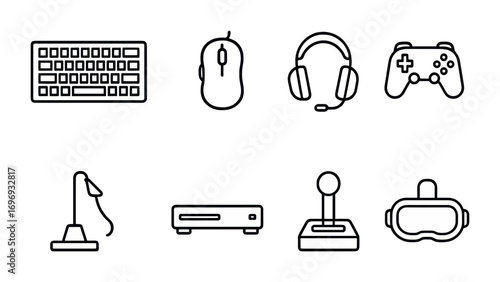 Esports Peripherals Icons. Outline icon set of Esports gaming peripherals: mechanical keyboard, gaming mouse,