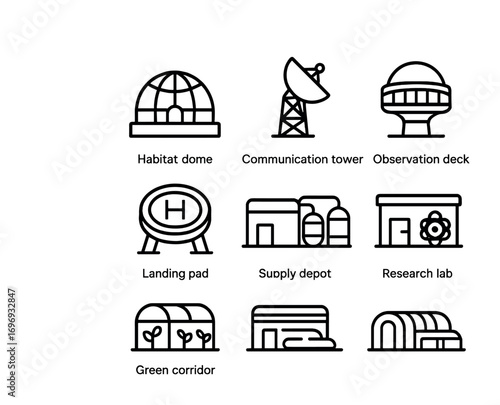 Extraterrestrial Icon Set. Outline icon set of Extraterrestrial infrastructure: habitat dome, communication