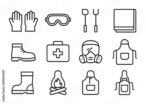 Fire Safety Gear Icons. Outline icon set of Fire pit safety gear: fireproof gloves, safety goggles,