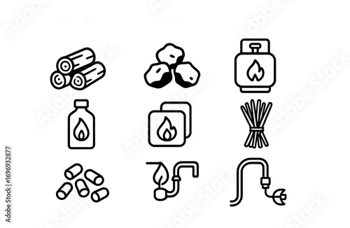 Fire Pit Fuel Icons. Outline icon set of Fire pit fuels: wood logs, charcoal, propane tank, bioethanol, fire