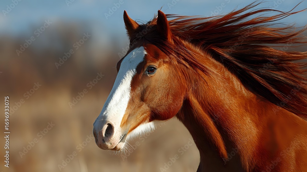Fototapeta premium Majestic brown horse with white blaze marking on face and flowing mane against blurred natural background, captured in warm sunlight during golden hour.