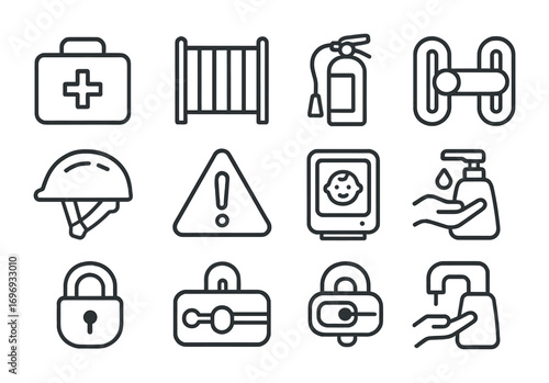 Babysitting Safety Icons. Outline icon set of Safety measures for babysitting: first aid kit, baby gate, fire
