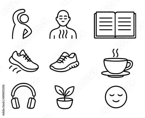 Stress Relief Icons. Outline icon set of Stress relief activities: stretching, deep breath, walking shoes,