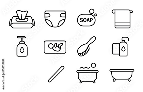 Hygiene Icon Set. Outline icon set of Hygiene and cleaning: baby wipes, diaper, soap, towel, lotion, changing