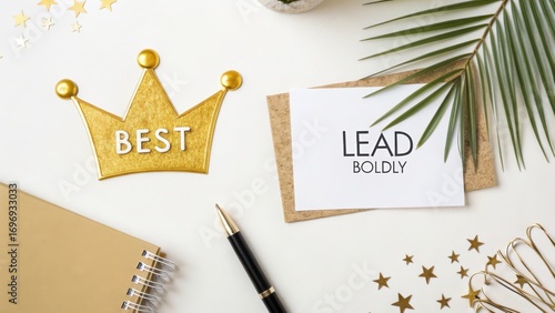 Golden Crown and Card with Inspirational Message on Desk Setup