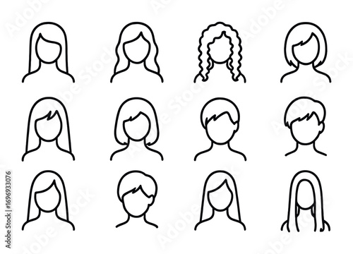 Hair Type Icons Grid. Outline icon set of Hair types: straight hair, wavy hair, curly hair, coily hair,