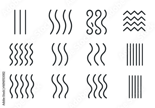 Hair Texture Icons. Outline icon set of Hair texture patterns: straight strands, wavy strands, curly strands,