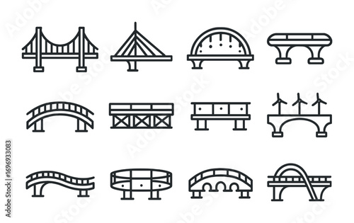 Futuristic Bridge Icons. Outline icon set of Futuristic bridges: suspension bridge, cable-stayed bridge,