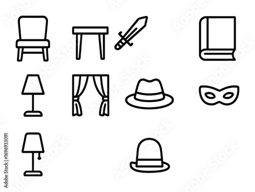Theater Props Icons. Outline icon set of Theater props: chair, table, fake sword, book, lamp, curtain, hat,
