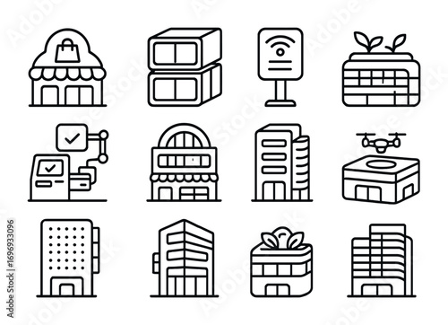 Futuristic Building Icons. Outline icon set of Futuristic commercial buildings: shopping pod, modular retail,