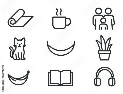 Home Balance Icons. Outline icon set of Work-life balance at home: yoga mat, coffee, family, pet, hammock,