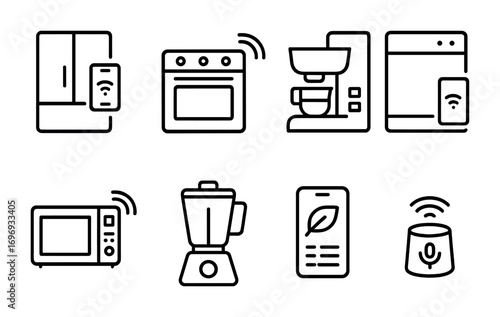 Smart Kitchen Icon Set. Outline icon set of Smart kitchen appliances: smart fridge, smart oven, smart coffee
