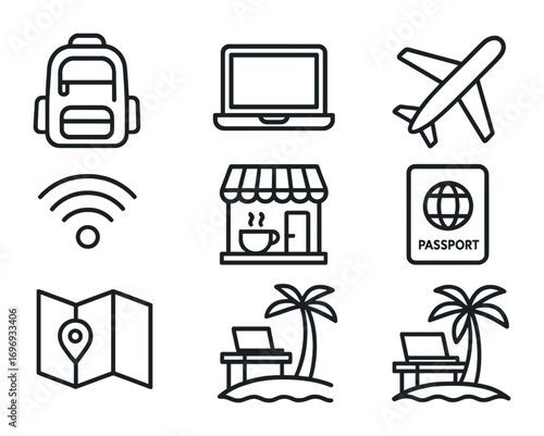Digital Nomad Essentials. Outline icon set of Digital nomads: backpack, laptop, airplane, Wi-Fi, coffee shop,