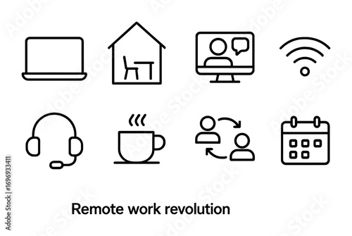 Remote Work Icons. Outline icon set of Remote work revolution post-pandemic: laptop, home office, video call,